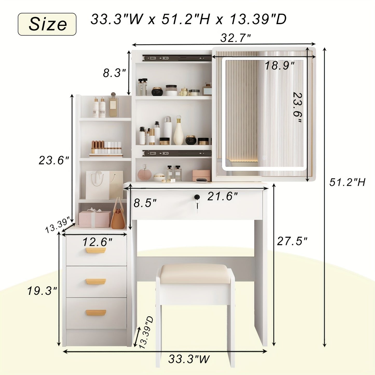 A Vanity Table Featuring a Sliding Mirror And Lighting Options, Adjustable Brightness with Three Color Modes, Designed in a European Style. This Makeup Vanity Set Includes Drawers, a Stool, And Open Shelves