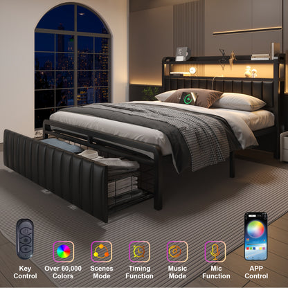Metal Platform Bed Frame with 2 - Tier Storage Headboard, Hidden Drawers & 12" Under - Bed Space, Full/Queen Size, Black