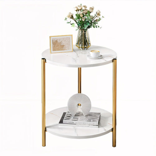 Round Coffee Table with Marble Pattern & Double-Layer Storage, Modern Glass Top Accent Table in White and Gold for Living Room or Bedroom