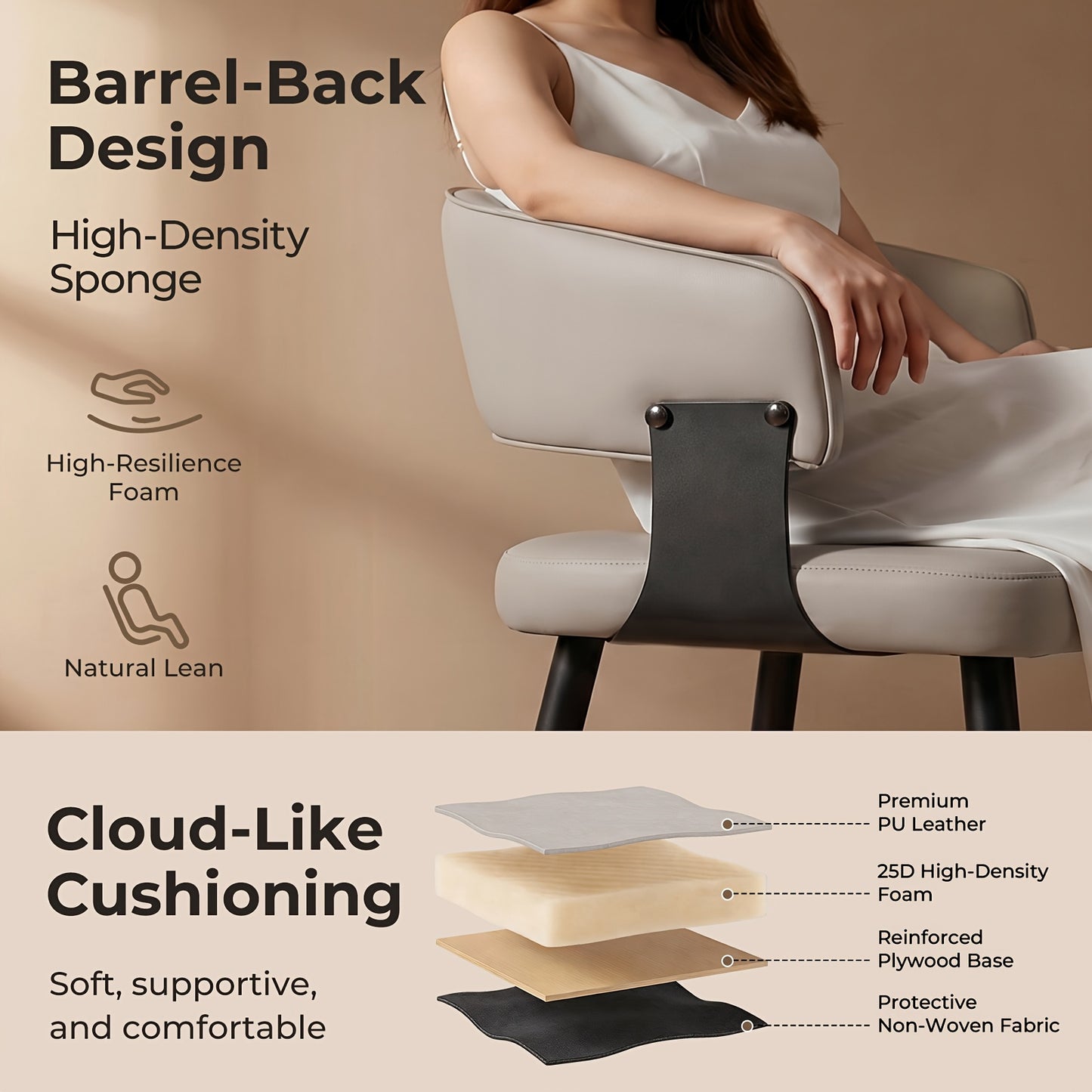 Modern Dining Chairs Set Of 2, Faux Leather Upholstered Kitchen Chairs With Curved Back And Metal Legs, Mid Century Chairs For Dining Room, Kitchen