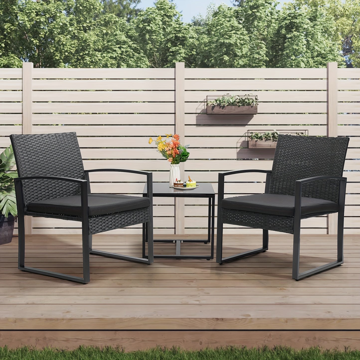 3pcs Outdoor Seating Arrangement Made of Wicker Rattan, Featuring Two Waterproof Chairs with Plush Cushions And a Bistro Table Topped with Safety Glass, on