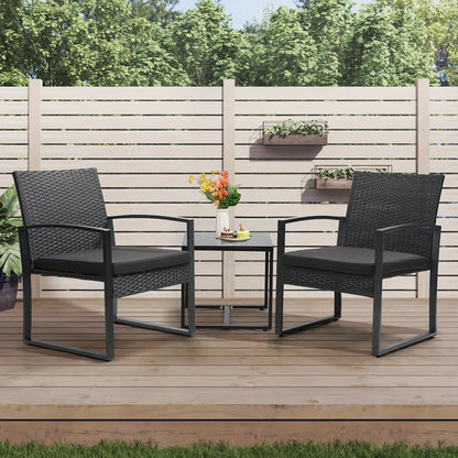 3pcs Outdoor Seating Arrangement Made of Wicker Rattan, Featuring Two Waterproof Chairs with Plush Cushions And a Bistro Table Topped with Safety Glass, on