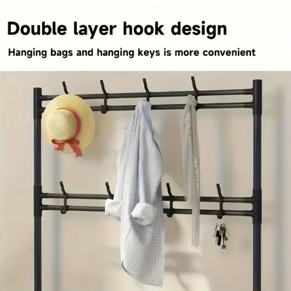 Metal Shoe Rack with Coat Hooks 5 or 10 Layer, Freestanding Shoe and Coat Organizer with Detachable Hooks for Entryway Hallway Apartment, Black White