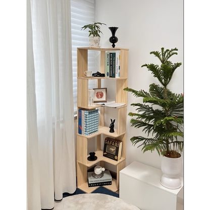 Solid Wood Corner Bookshelf 3 4 5 Tier No Paint No Formaldehyde Space-Saving Rustic Corner Bookcase for Bedroom Living Room Study Balcony, Easy Assembly