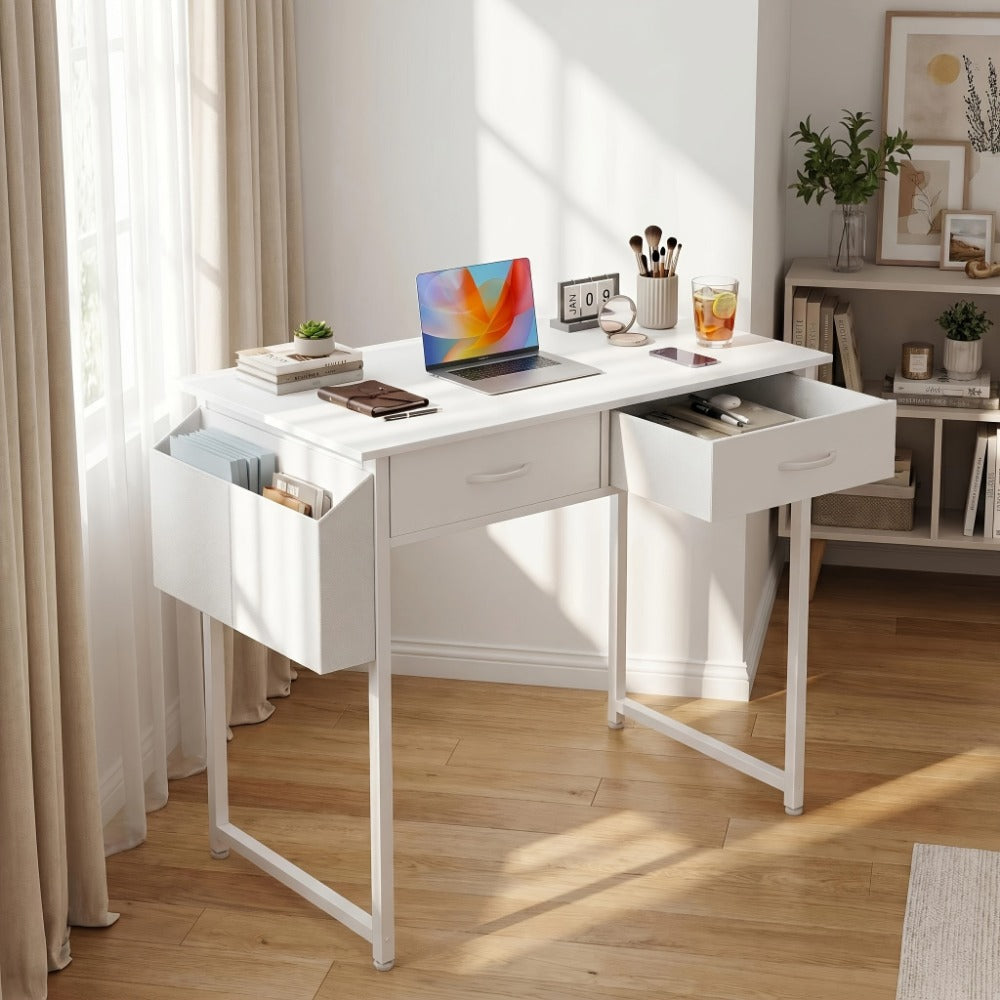 Small Makeup Vanity Desk 32" with Hair Dryer Hook & Side Bag – Compact Dressing Table with Storage Drawers, Modern Study Writing Desk for Small Spaces & Bedroom