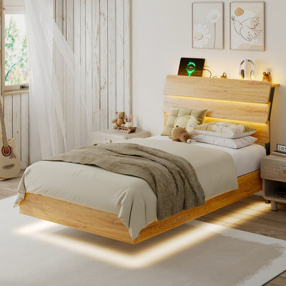 Floating Bed Frame with LED Lights Built-In Charging Station Wooden Headboard Heavy-Duty Metal Support Easy Assembly Bedroom Furniture