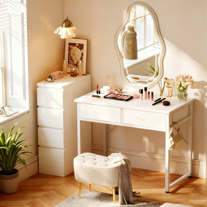 Makeup Vanity Desk with LED Lights, Adjustable Height Vanity Table for Bedroom Home Office Gaming Studying, 32 & 42 Inch, White & Black
