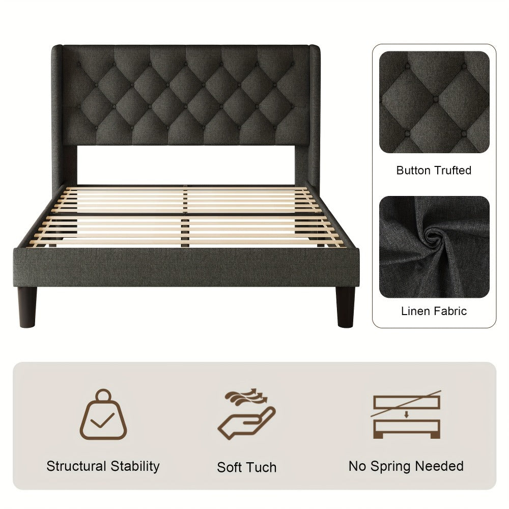 Modern Platform Bed Frame with 24-Inch Button-Tufted Headboard – Solid Wood Slats, Artistic Legs, Linen & Velvet, Dark Gray Light Grey Beige White Black, Full Queen King