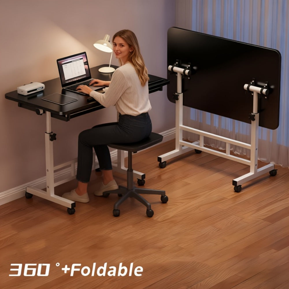 Adjustable Tilt Foldable Standing Desk 32"x16" – Portable Mobile Laptop Rolling Desk with Height Adjustment, Compact Sit-Stand Workstation, White