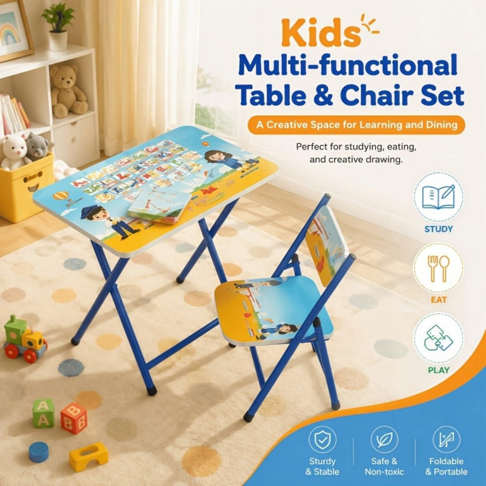 Foldable Kids Table & Chair Set with Cute Pattern, Sturdy Metal Frame Children's Desk for Writing, Drawing & Playtime