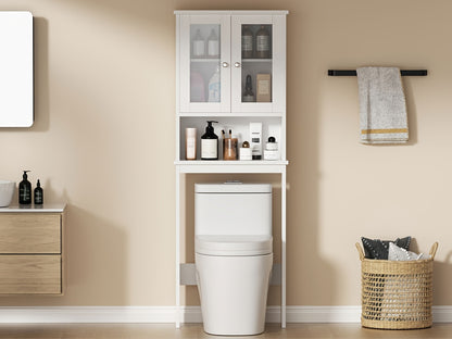 Bathroom Storage Over The Toilet, Bathroom Cabinet Organizer with Adjustable Shelves And Double Glass Doors, Wood Bathroom Space Saver