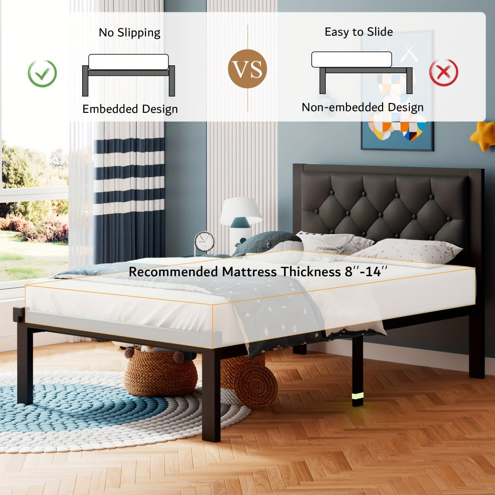 Platform Bed Frame with Button-Tufted Headboard, 12 Inch Under-Bed Storage Space, Steel Slat Support, No Box Spring Needed, Easy Assembly, Twin Full Queen