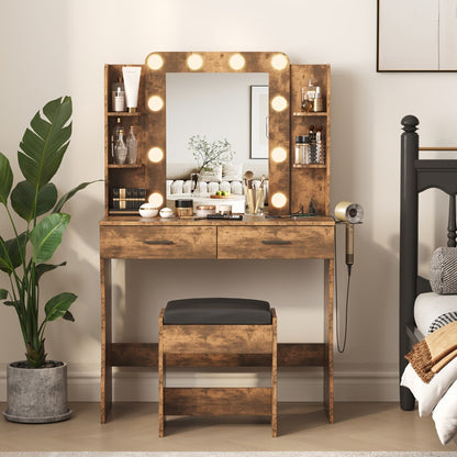 LED Vanity Desk with Lighted Mirror & Stool – 6-Drawer Makeup Dressing Table with 10+ LED Strip Lights | Plug-and-Play Modern Vanity for Bedroom, Dorm & Beauty Salon