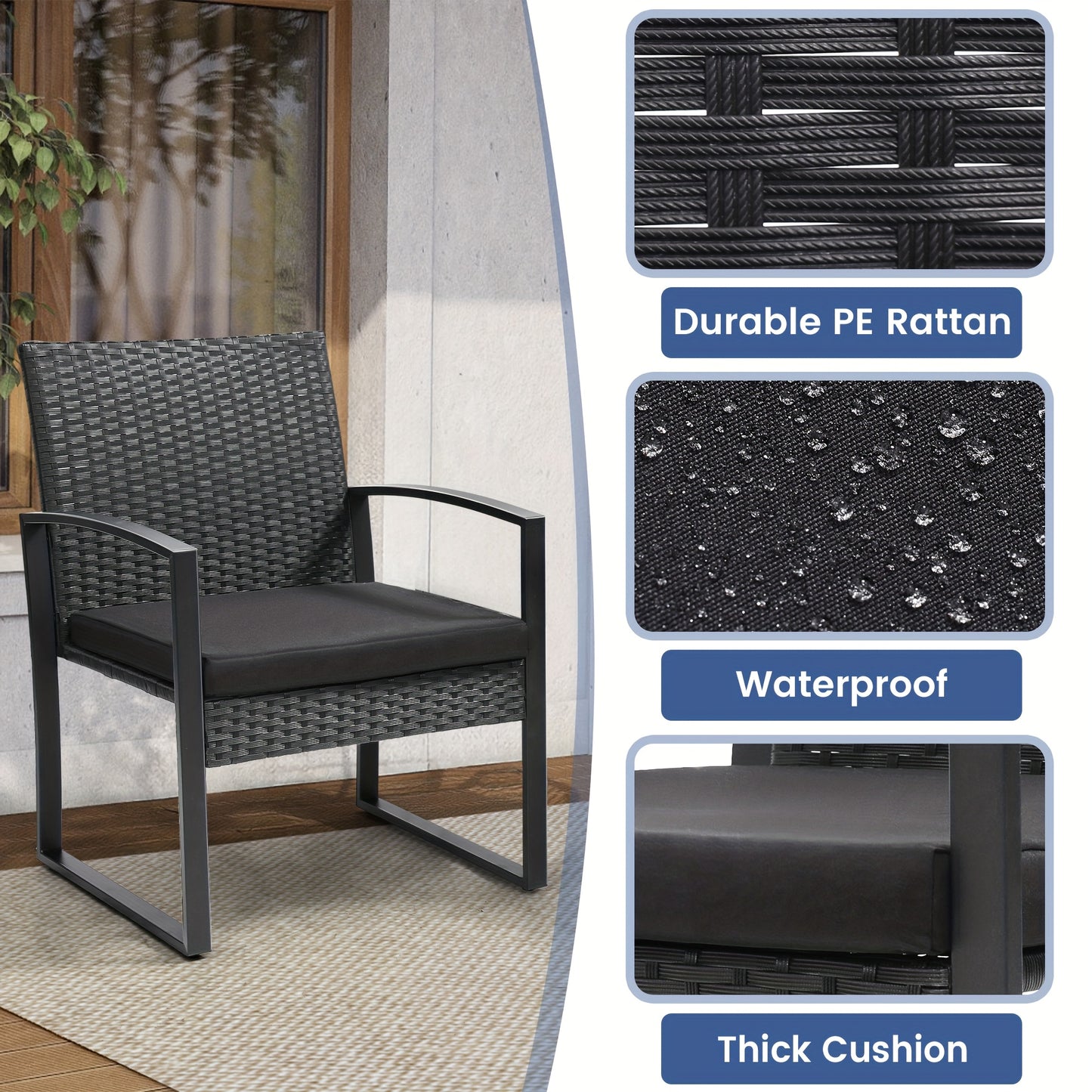 Outdoor Patio Furniture Set, Rattan 3pcs Bistro Set with Tempered Glass Table, Thick Cushions, Ideal for Patio, Garden,