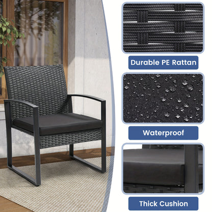 Outdoor Patio Furniture Set, Rattan 3pcs Bistro Set with Tempered Glass Table, Thick Cushions, Ideal for Patio, Garden,