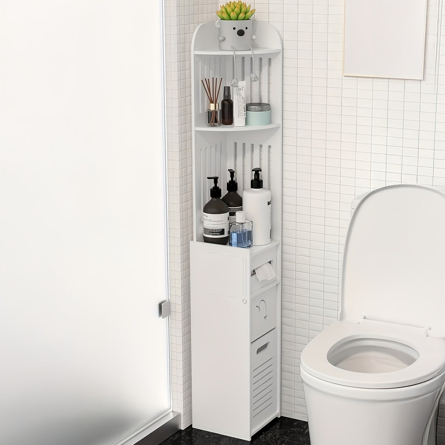 Space-Saving Bathroom Cabinet, 1pc Waterproof Multifunctional Corner Bathroom Storage Cabinet, Freestanding Narrow Space-Saving Organizer with Toilet Paper Holder Stand, Holiday Gift And Home Accessory, Toiletry Organization, Easy Assembly