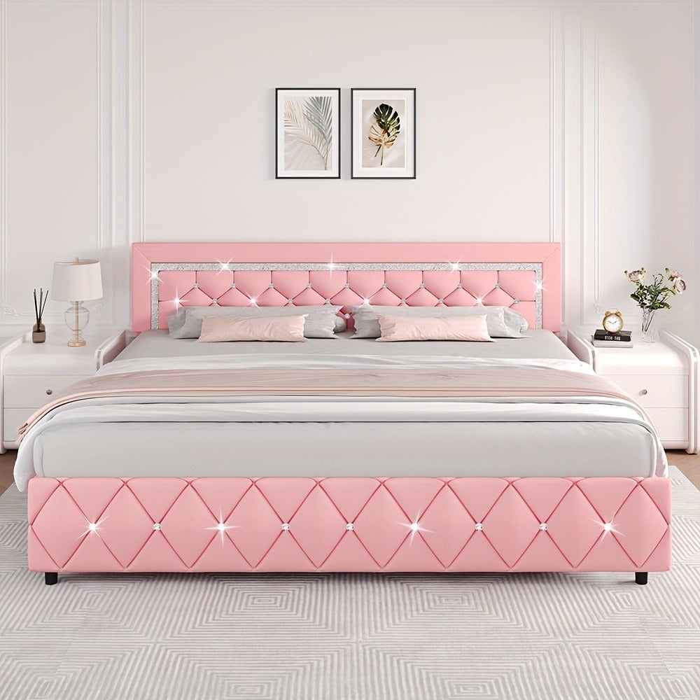 Upholstered Platform Bed Frame with Button-Tufted Diamond Headboard – Wooden Slats, No Box Spring Needed, Twin Full Queen King, Black White Pink Green Gray Beige