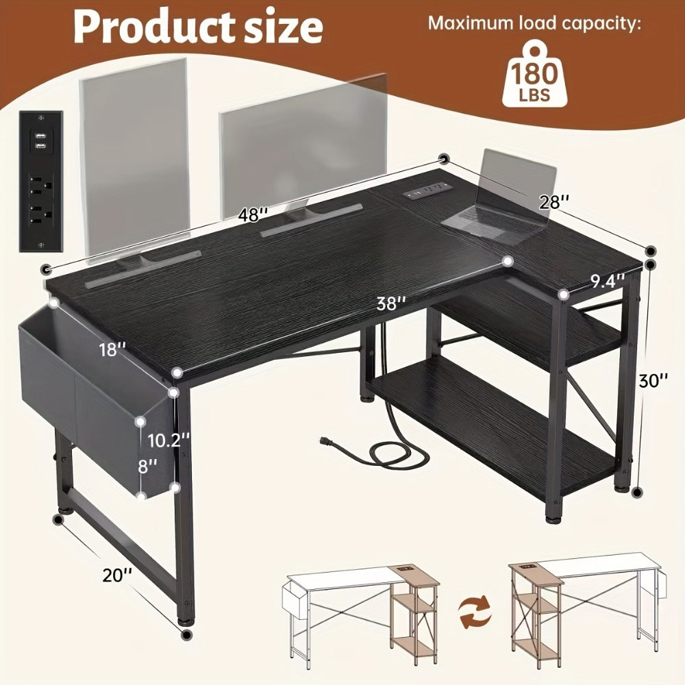 L-Shaped Computer Desk with Power Outlets and Storage Shelves, Corner Gaming Desk for Home Office Bedroom Dorm, Wood Metal Writing Study Desk with Monitor Stand in 3 Colors 4 Sizes