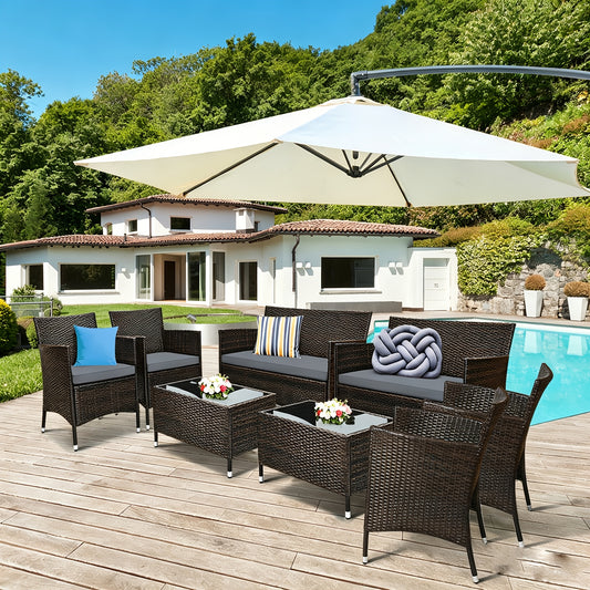 [Patio Furniture Set] 4pcs/8pcs Patio Furniture Set W/Washable Cushions And Tempered Glass Coffee Table