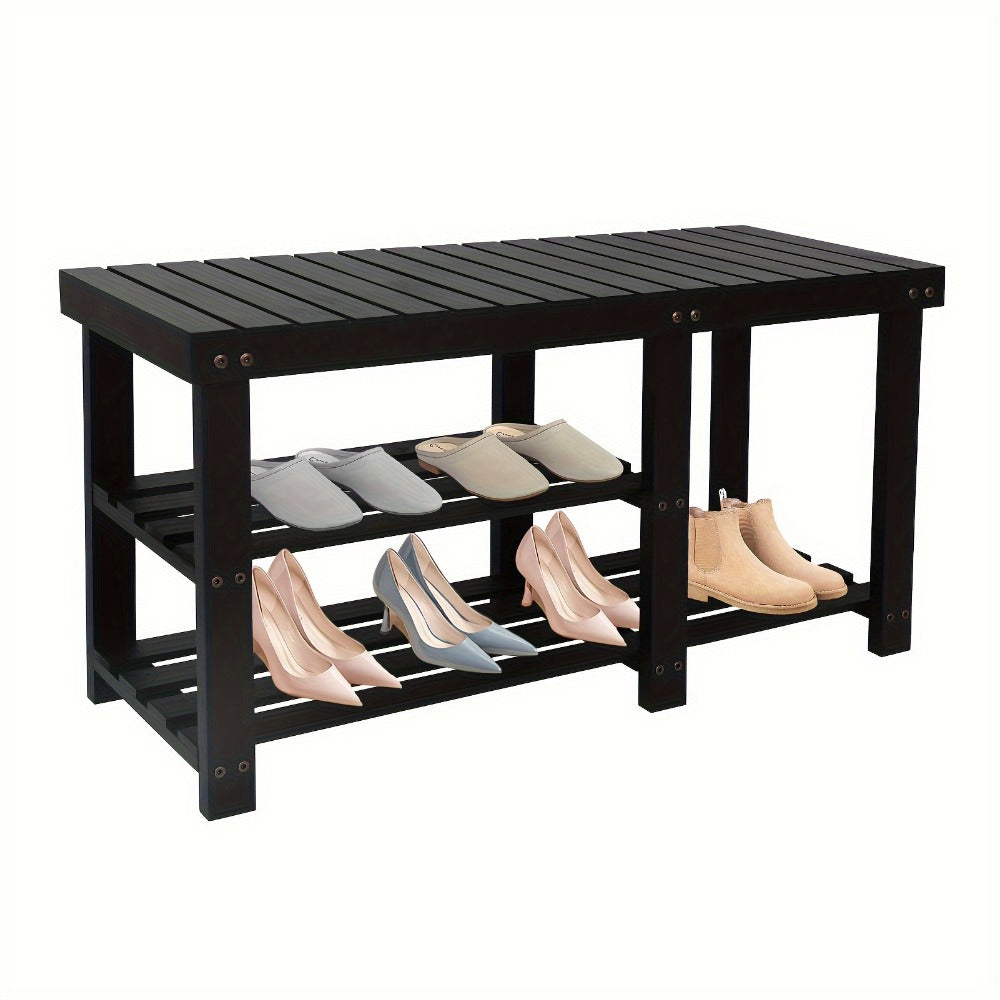 Shoe Rack Bench 3-Tier Wood with Boot Organizer & Seat, Freestanding Entryway Shoe Shelf Storage for Hallway Bedroom Balcony, 250 LB Capacity