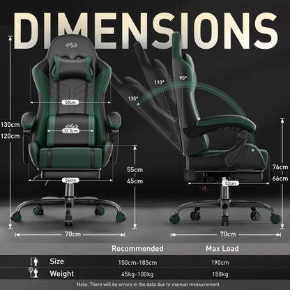 Ergonomic Gaming Chair with Spring Cushion, Retractable Footrest, Headrest & Lumbar Support, PU Leather Swivel Computer Desk Chair for Office & Gaming