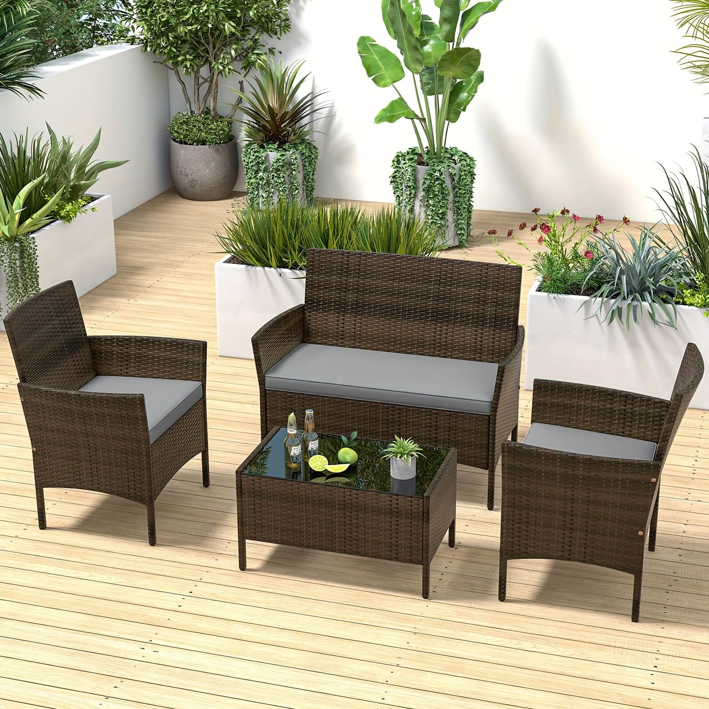 [Patio Furniture Set] 4pcs/8pcs Patio Furniture Set W/Washable Cushions And Tempered Glass Coffee Table
