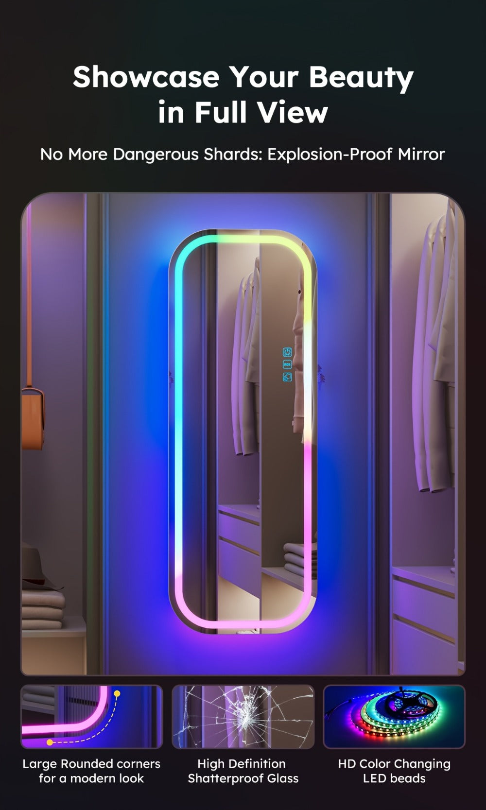 LED Jewelry Cabinet with Mirror Lockable Arched Floor Standing or Wall Hanging Jewelry Organizer for Necklaces Rings Earrings – USB Powered RGB Lights, White
