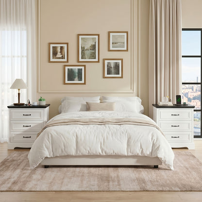 [Nightstand with Charging] Farmhouse Nightstand with Charging Station, White Bedside Table with 3 Drawers, Modern Side End Table for Bedroom, Living Room