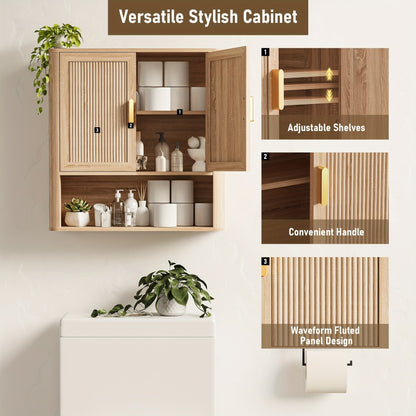 Modern Fluted Bathroom Wall Cabinet, 2-Door Medicine Cabinet with Golden Handles, Wall Mounted Storage Organizer Over The Toilet for Laundry Room & Kitchen