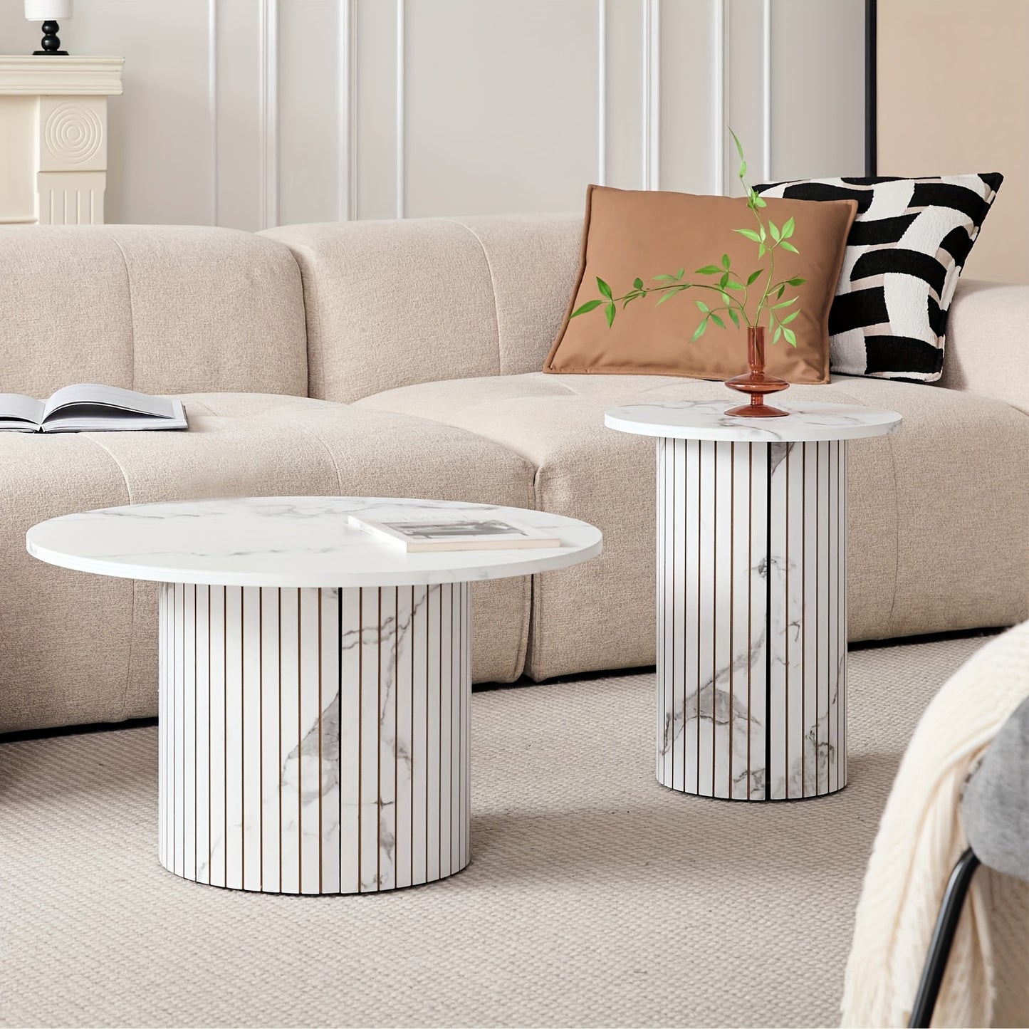 Round Nesting Coffee Tables Set of 2, Boho Wood Circle Side Table Fluted Drum, Farmhouse End Table for Living Room Bedroom, Apartment