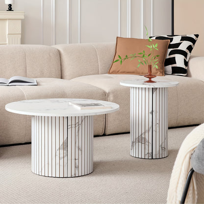 Round Nesting Coffee Tables Set of 2, Boho Wood Circle Side Table Fluted Drum, Farmhouse End Table for Living Room Bedroom, Apartment
