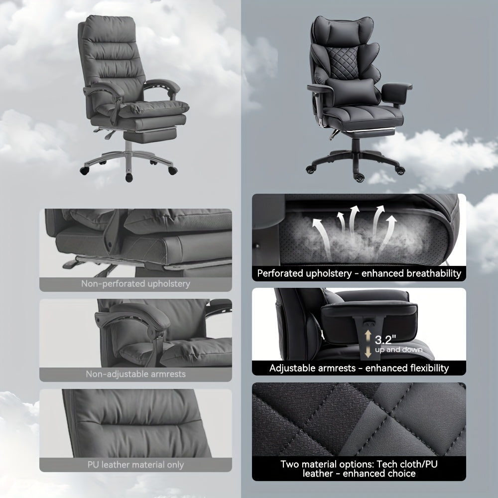 Big And Tall Office Chair with Pocket Spring Cushion, Swivel Office Chair with Footrest, Gamer's Chair with Adjustable Armrests And Lumbar Support, Executive Chair for Office, Bedroom, And Gaming, Fabric, Leather, Black, White, Gray, And Brown.