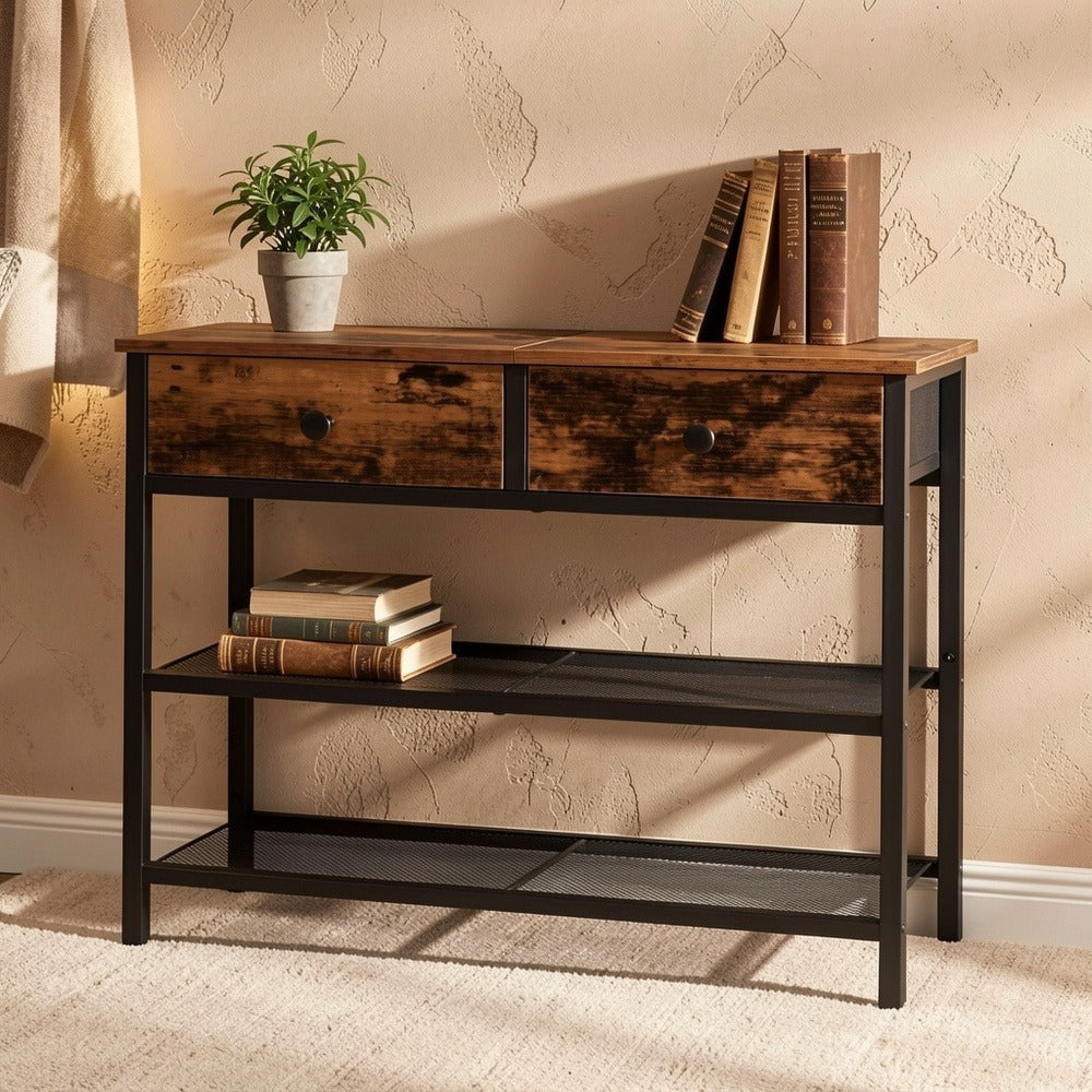 Narrow Console Table 29.5 Inch with 2 Fabric Drawers & 3-Tier Storage Shelves, Rustic Brown & Black Entryway Sofa Table for Living Room Hallway