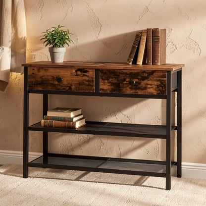 Narrow Console Table 29.5 Inch with 2 Fabric Drawers & 3-Tier Storage Shelves, Rustic Brown & Black Entryway Sofa Table for Living Room Hallway