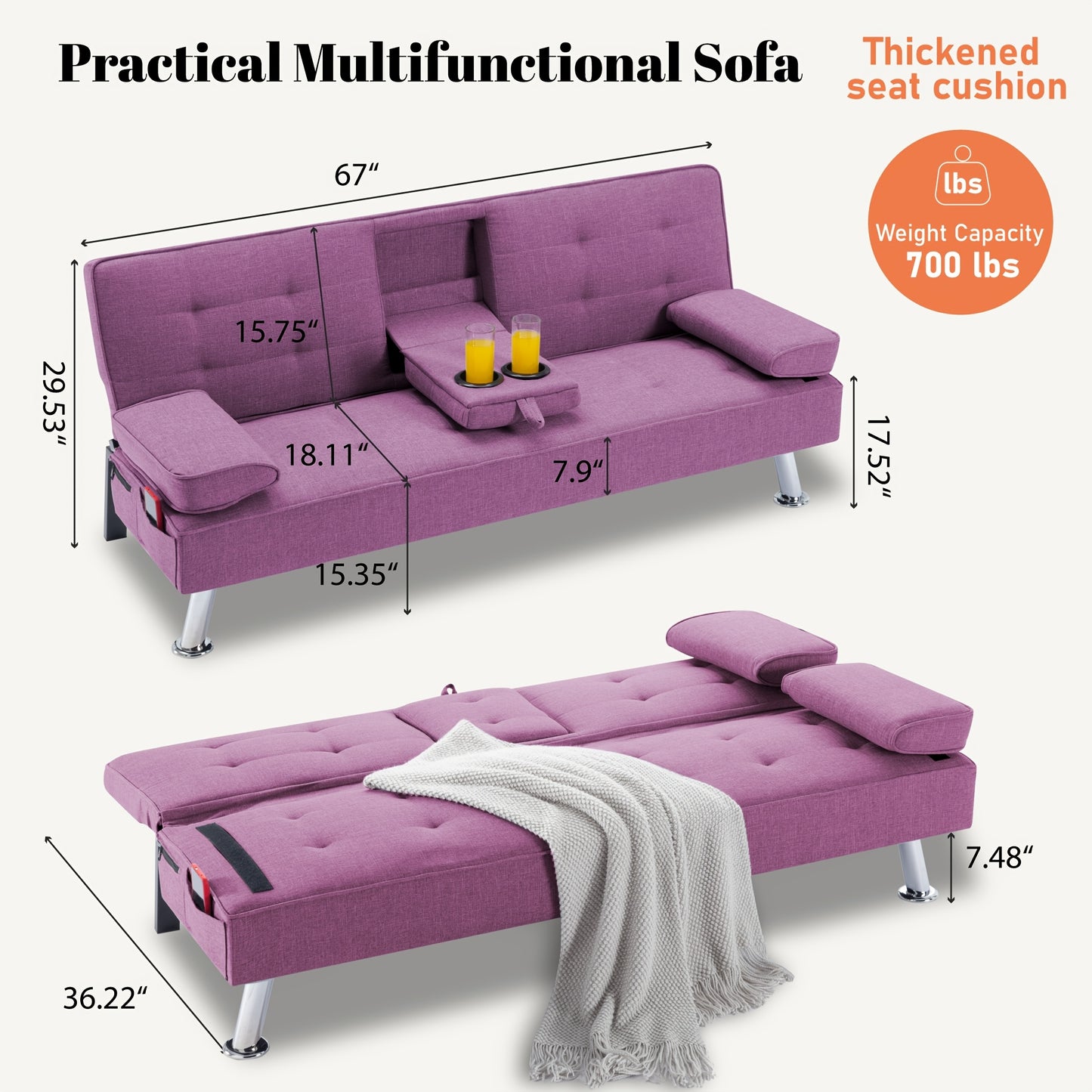 67"modern Convertible Futon Sofa Bed - Two Thicknesses Of Seat Cushion to Choose From Adjustable Folding Bed with Detachable Armrests And Cup Holders, Space Saving Design for Living Rooms, Apartments, And Dormitories, Modern And Durable Interior