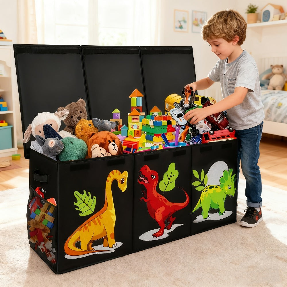 Extra Large Box, Collapsible Sturdy Storage Organizer With Lids, Dinosaur Box For 14+ Boys Girls, Chest Bin Baskets For Living Room, Playroom, Bedroom, Nursery, Black