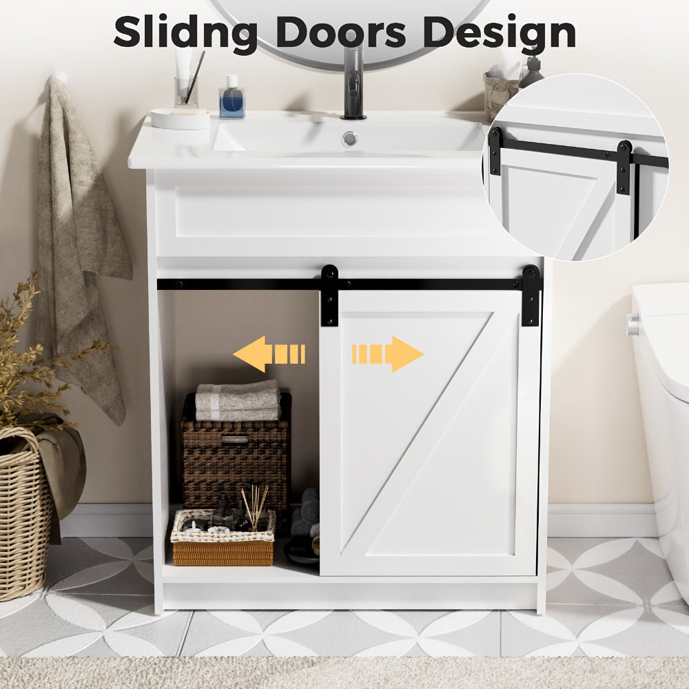 30 Inch Cottage Style Bathroom Vanity with Sink - Solid Wood Cabinet 3 Drawers Barn Door Sliding Shelf Ceramic Undermount Sink Modern Farmhouse Design