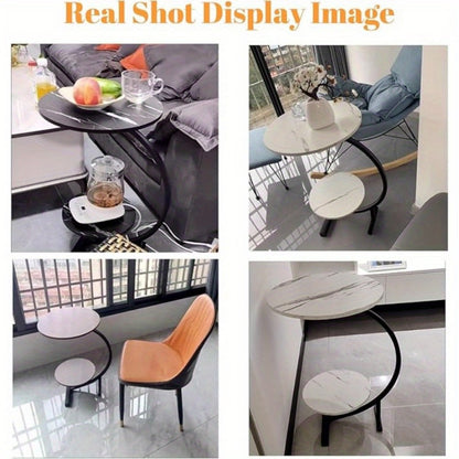 Wrought Iron Side Table with Marble Top – Modern End Table for Living Room Bedroom Sofa Side, Light Luxury Minimalist Coffee Table