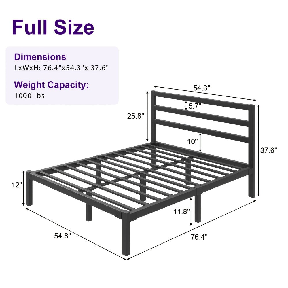 Metal Platform Bed Frame with Slatted Headboard – Under Bed Storage, No Box Spring Needed, Sturdy Metal Slats, Black White, Twin Full Queen King