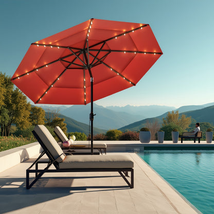 3-Tier Vented Patio Umbrella 9ft 10ft 11ft with 8 Strong Ribs Push-Button Tilt, 180GSM Yarn-Dyed Fabric Market Table Umbrella for Patio Garden Pool Hotel Party – Burgundy & Navy Blue