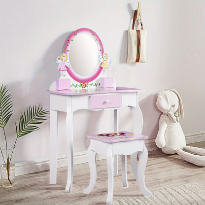 Girls Vanity Table Set with Mirror & Stool, Wooden Fairy Princess Makeup Desk with Storage Drawer for Kids, Toddler Bedroom Dressing Table, Perfect Birthday Gift for Girls