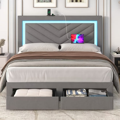 Upholstered Platform Bed Frame with LED Adjustable Headboard, Storage Drawers and Charging Station, No Box Spring Needed, Noise Free, Twin Full Queen, Off White Grey