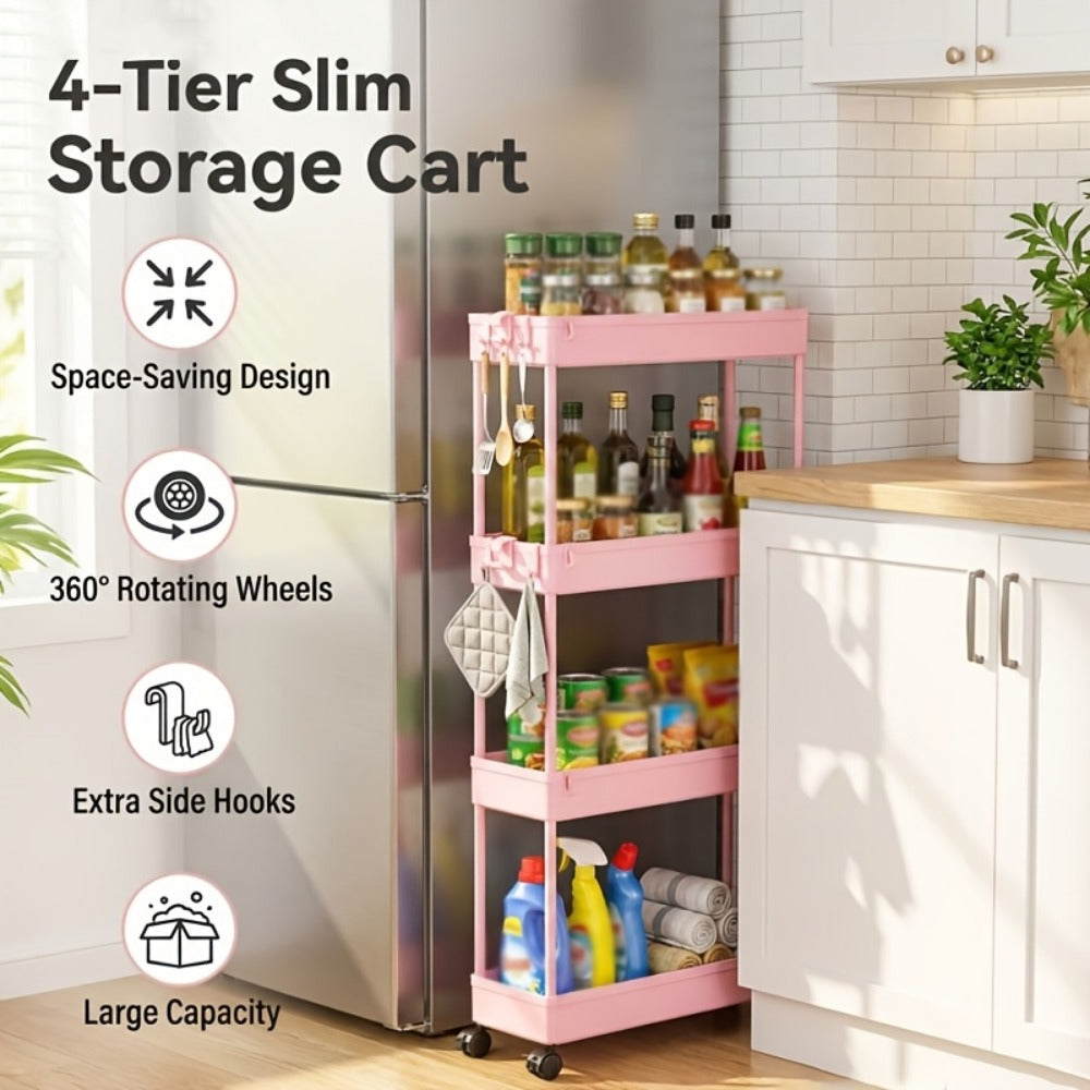 4-Tier Slim Rolling Storage Cart with Wheels – Space-Saving Mobile Organizer Tower Rack for Kitchen, Bathroom, Bedroom, Laundry Room & Apartment
