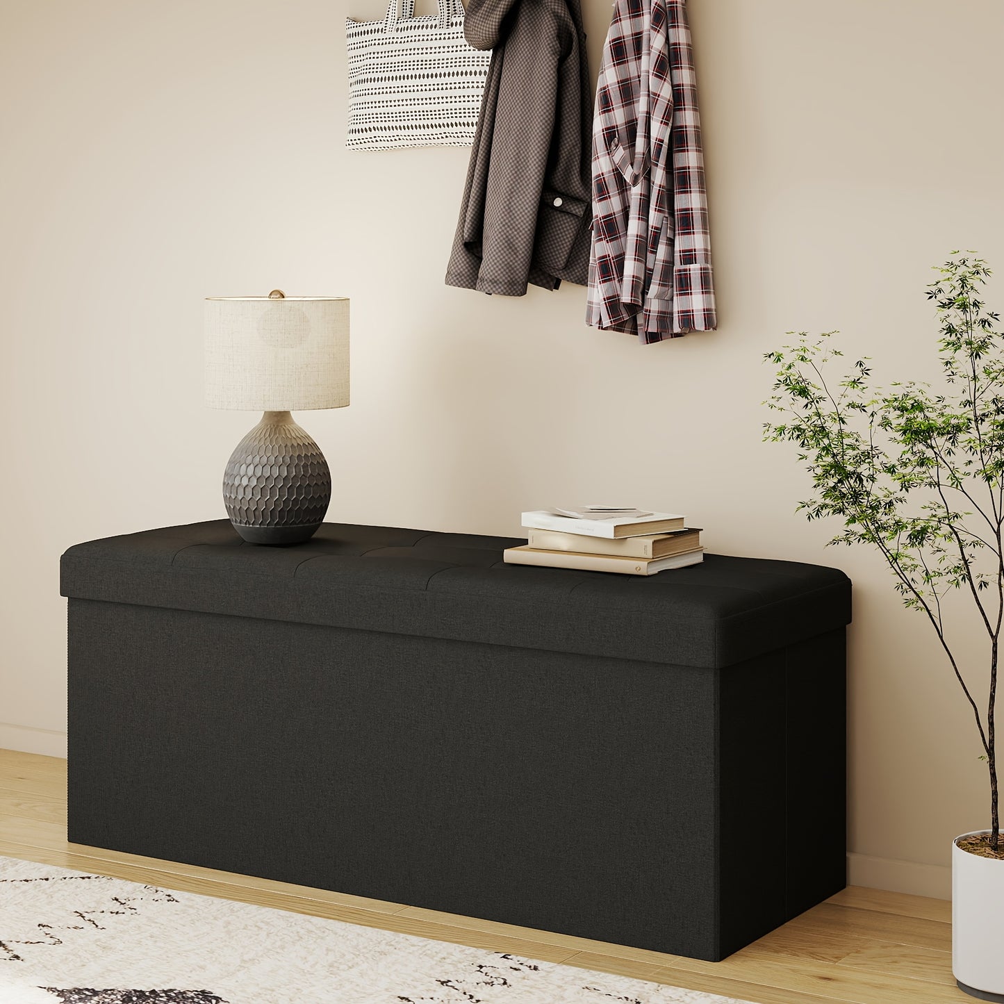Leather Or Linen Ottoman Storage Bench, 3 Sizes 30', 31.5" And 43.5" Wide, Comfy Padded Seat, 500 Pound Capacity, Available In Black, Light Grey, And Dark Grey