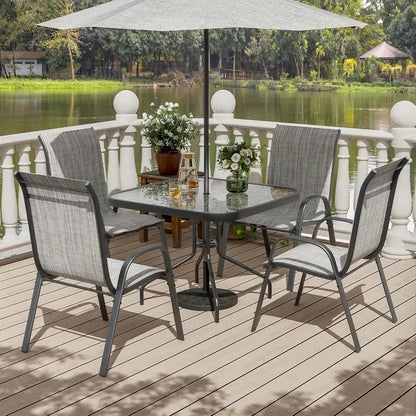 [Outdoor Furniture Set] Patio Dining Table and Chair Set, 5pcs, Space-Saving Outdoor Furniture for All-Weather Use, Includes 4 Stackable Textilene Chairs and a Metal Frame Table, Suitable for Courtyards, Gardens, Lawns, Backyards, and Poolside, Umbrella N