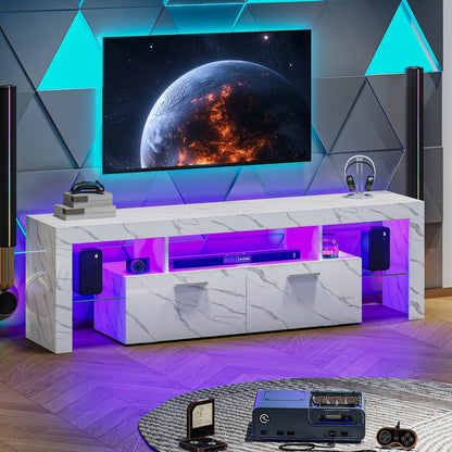 TV Stand with LED Lights & 2 Cabinets for 55 65 75 80 Inch TVs | 71" High Gloss Entertainment Center, Glass Shelves, Wood Media Console | Living Room Bedroom Gaming Room | White, Black or Marble