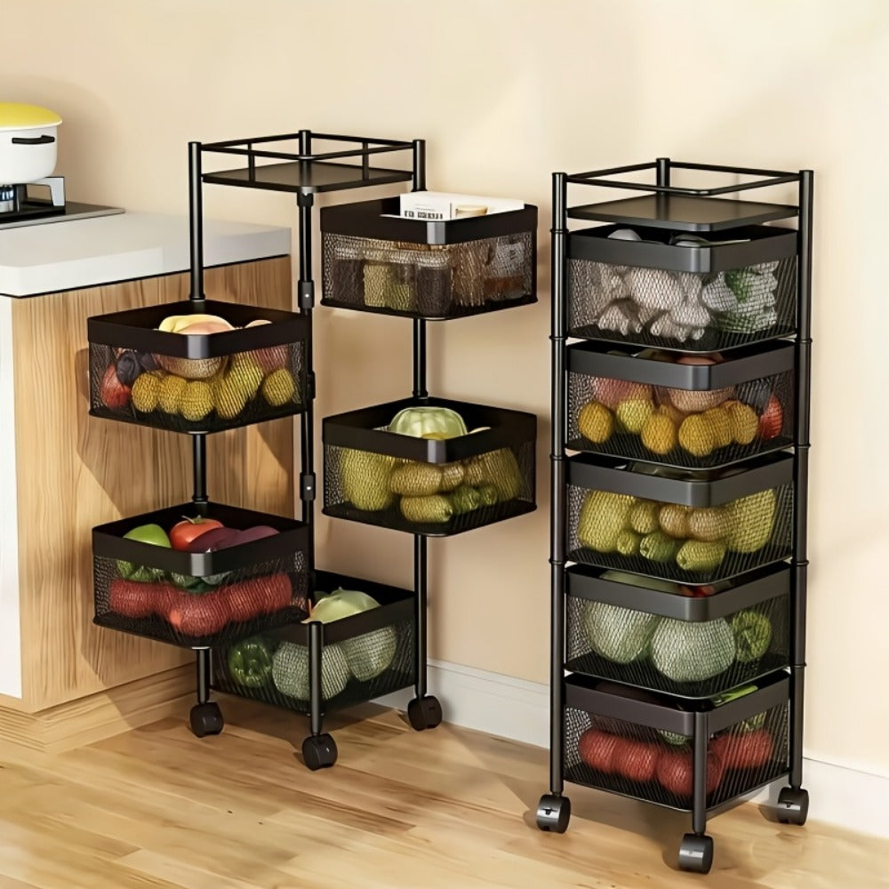 5-Tier Rotating Kitchen Storage Shelf with Wheels, Metal Fruit & Vegetable Basket Rack Storage Trolley, Floor-Standing Multi-Layer Organizer for Kitchen & Bathroom, Square
