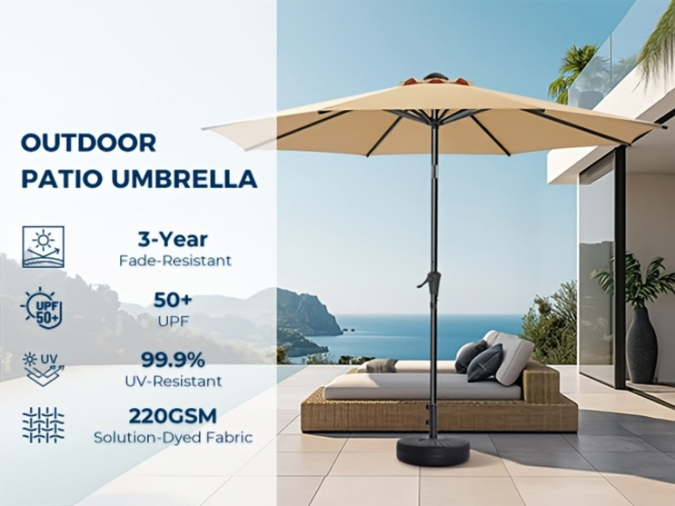 9ft Patio Umbrella UPF50+ 220GSM Solution-Dyed Fabric Push Button Tilt & Crank – 8 Steel Ribs Vented Canopy for Garden Deck Backyard Pool (Beige, Red, Dark Blue)
