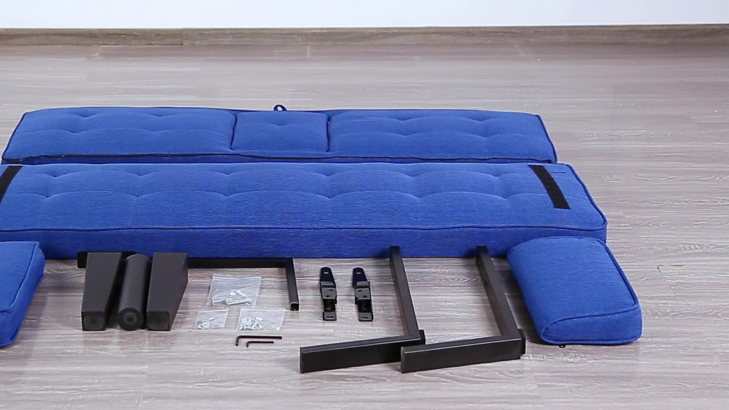 Futon Sofa Bed Convertible 65 Inch Foldable Lounge Chair Sleeper Couch with Adjustable Backrest Detachable Armrests Cup Holders Linen Upholstery Living Room Guest Room Black Gray Blue