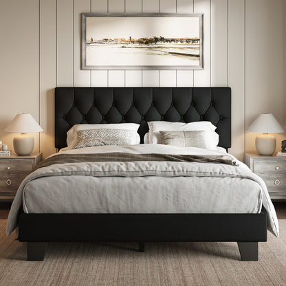 Valnase Bed Frame with 21" Soft Padded Headboard (Striped/Button Tufted), Solid Wood Slats (4" Spacing), Twin/Full/Queen Size Platform Bed with Art Legs -Black Linen/Dark Grey Linen/White Velvet Options